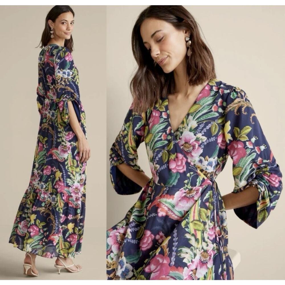 NWT Soft Surroundings Samantha Maxi Dress PM Navy Colorful Floral Faux Wrap $180 - Picture 2 of 14